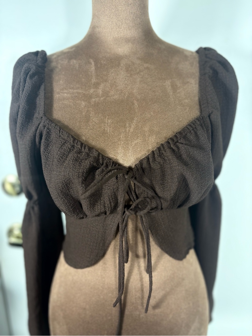 H&M Divided Women Sz S Brown Puff-Sleeve Sweetheart Crop Top with Front Tie - Picture 6 of 9